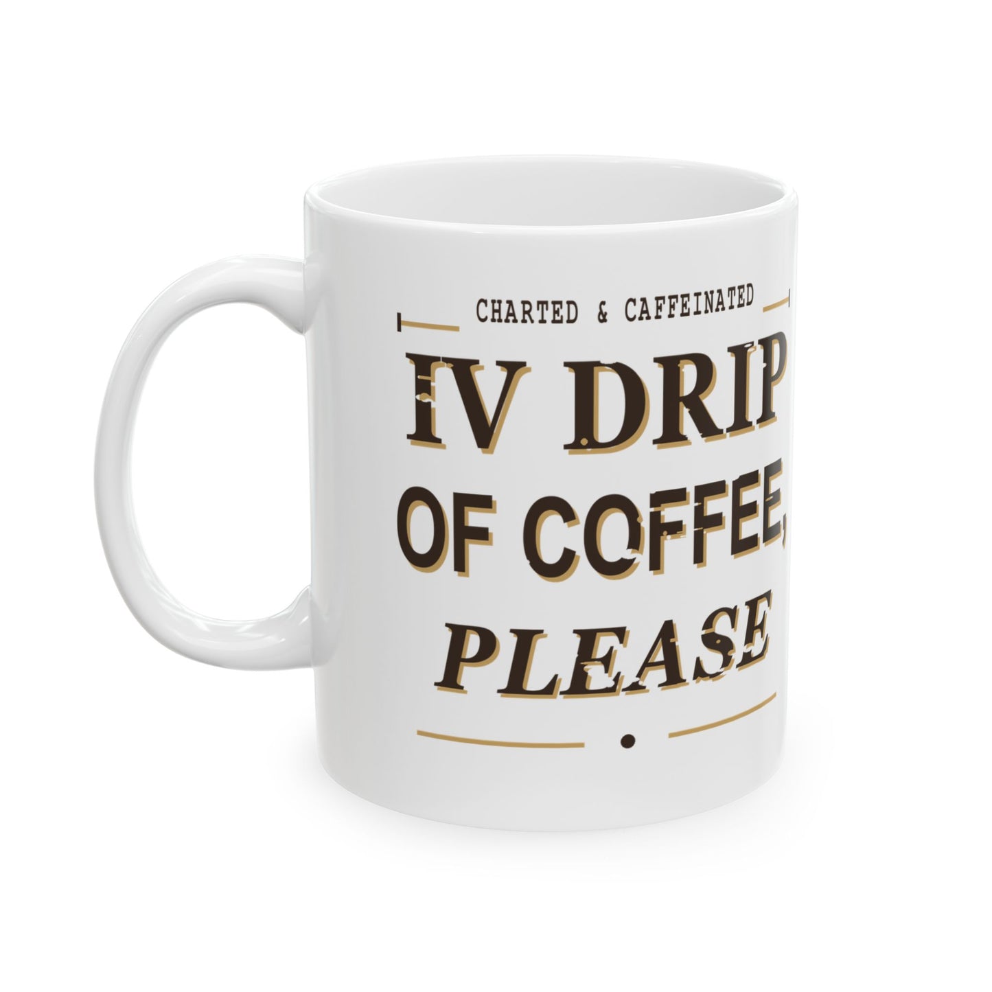 White ceramic nurse mug featuring a coffee drip chart design, ideal for healthcare professionals and coffee lovers.
