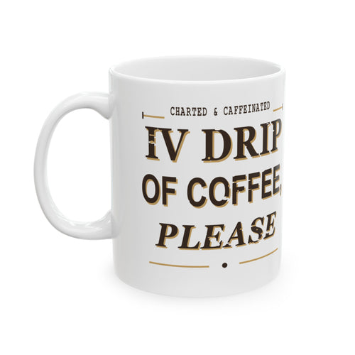 White ceramic nurse mug featuring a coffee drip chart design, ideal for healthcare professionals and coffee lovers.
