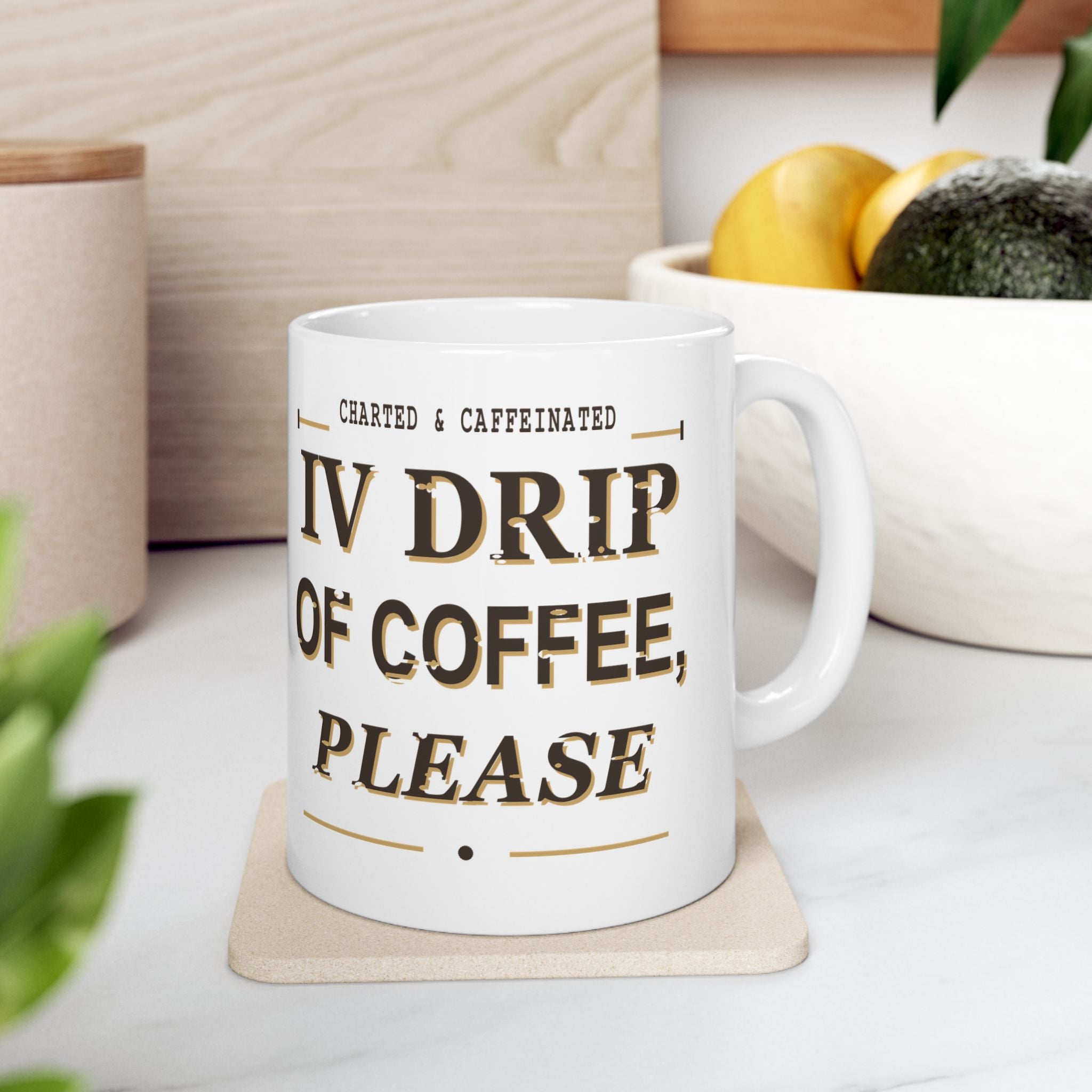 White nurse mug with "IV Drip of Coffee" and medical chart design, ideal for caffeine-loving healthcare professionals.
